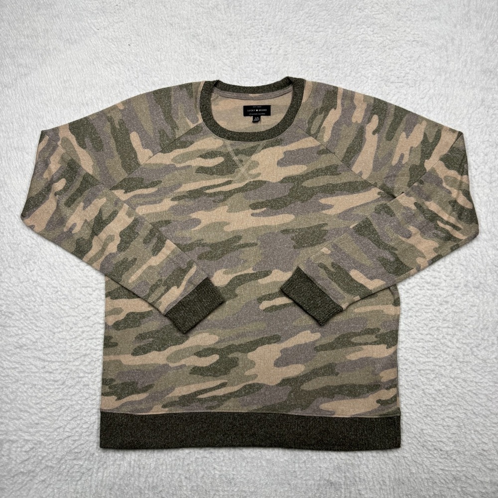 Lucky Brand Green Camo Crew Neck Long Sleeve Lightweight Sweater Shirt Size L